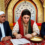 ** A Tajik family consulting an astrologer about wedding dates, emphasizing stars and fate. Keywords: Astrology, Tajik wedding, family, stars, fate, consultation.

**