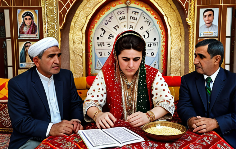 ** A Tajik family consulting an astrologer about wedding dates, emphasizing stars and fate. Keywords: Astrology, Tajik wedding, family, stars, fate, consultation.

**