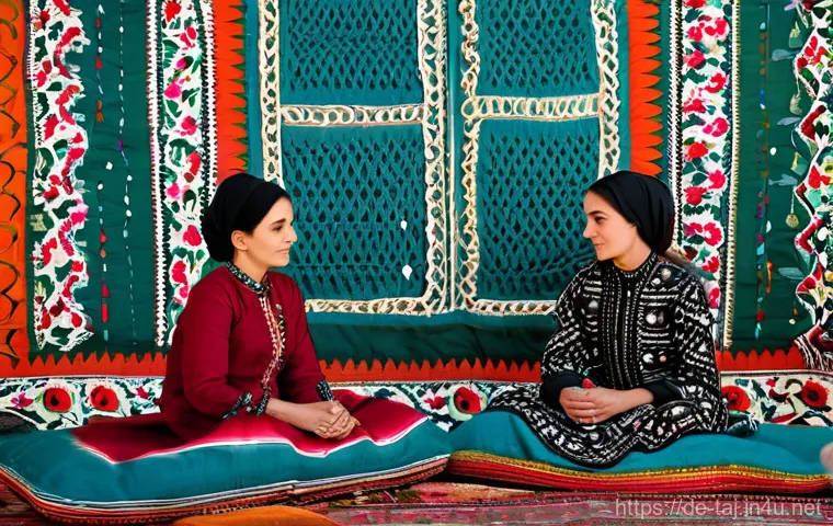 타지키스탄의 수공예품 - **Prompt: Tajik Suzani Artisans in a Traditional Setting**
    A group of Tajik women, ranging from ...