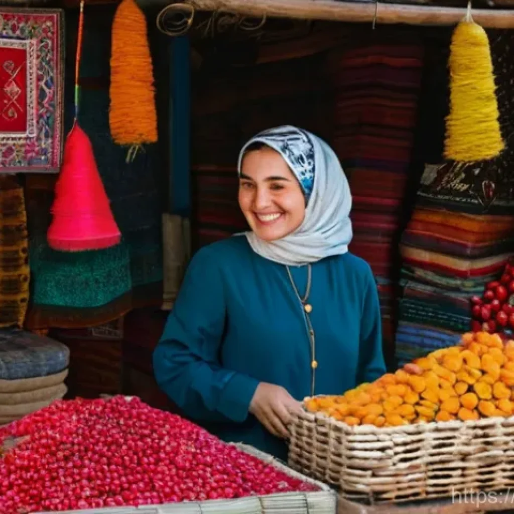 타지키스탄의 주요 언어와 학습 팁 - "A warm and inviting scene inside a traditional, bustling bazaar in Dushanbe, Tajikistan. A friendly...