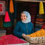 타지키스탄의 주요 언어와 학습 팁 - "A warm and inviting scene inside a traditional, bustling bazaar in Dushanbe, Tajikistan. A friendly...