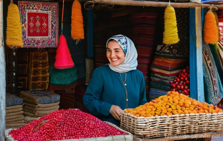 타지키스탄의 주요 언어와 학습 팁 - "A warm and inviting scene inside a traditional, bustling bazaar in Dushanbe, Tajikistan. A friendly...