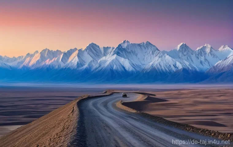 타지키스탄 역사와 문화 - Image Prompt 1: The Majestic Pamir Highway at Golden Hour**