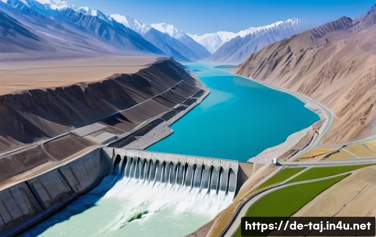 타지키스탄에서의 자원 개발 - **Prompt:** A majestic, wide-angle shot of the Rogun Dam in Tajikistan, showcasing its immense scale...