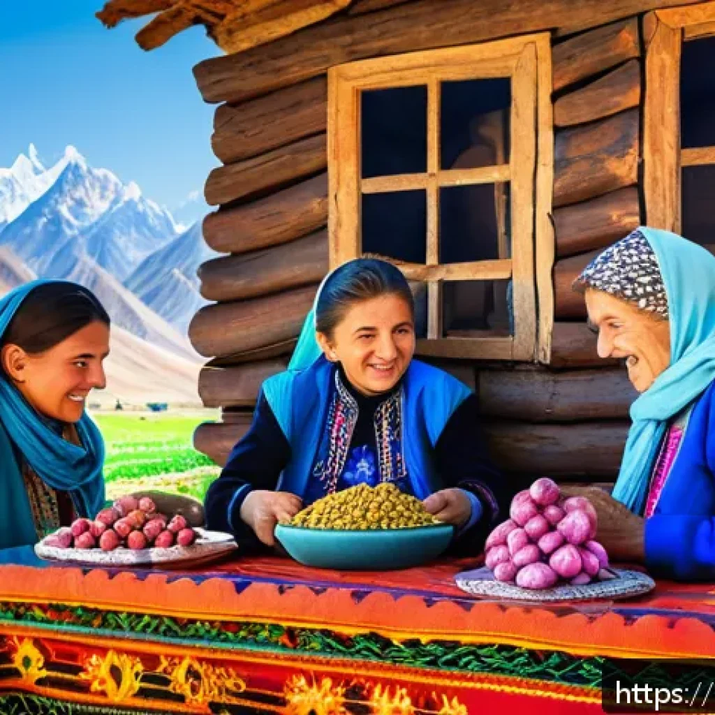 타지키스탄 사람들의 생활 방식 - A vibrant mountain village in Tajikistan during a traditional harvest festival, showing close-knit v...