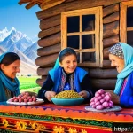 타지키스탄 사람들의 생활 방식 - A vibrant mountain village in Tajikistan during a traditional harvest festival, showing close-knit v...
