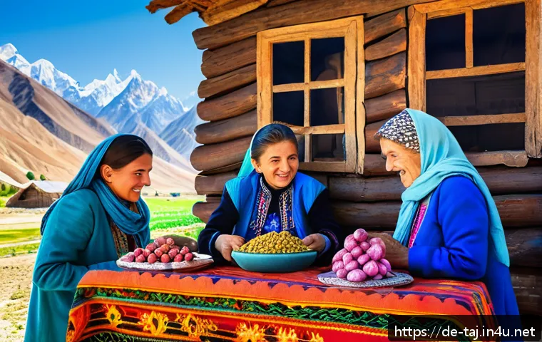 타지키스탄 사람들의 생활 방식 - A vibrant mountain village in Tajikistan during a traditional harvest festival, showing close-knit v...