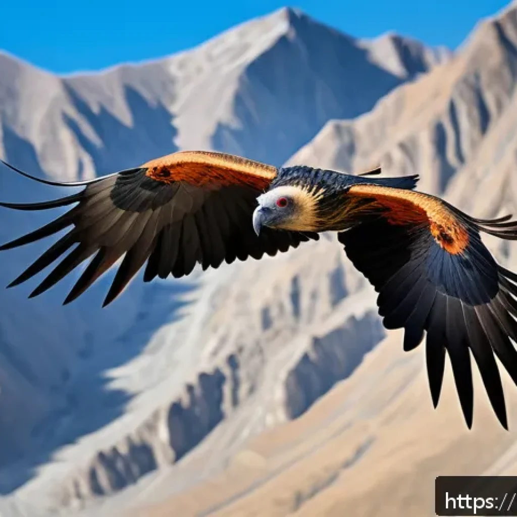 타지키스탄의 독특한 동물군 - A majestic bearded vulture soaring high above the rugged mountain peaks of Tajikistan, wings fully s...