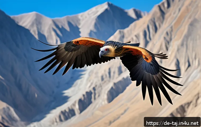타지키스탄의 독특한 동물군 - A majestic bearded vulture soaring high above the rugged mountain peaks of Tajikistan, wings fully s...