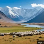 타지키스탄 주요 관광지 - A panoramic view of the Pamir Mountains at sunrise, featuring towering snow-capped peaks above 7000 ...