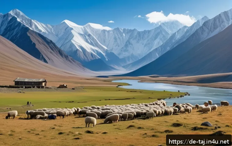 타지키스탄 주요 관광지 - A panoramic view of the Pamir Mountains at sunrise, featuring towering snow-capped peaks above 7000 ...