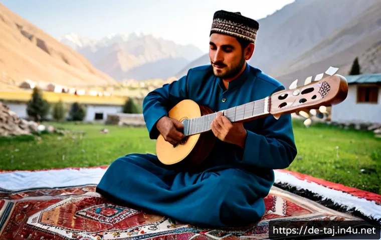 타지키스탄의 대표 전통 음악 - Photorealistic Tajik falak music performance at golden sunset in a mountain village courtyard, an ex...